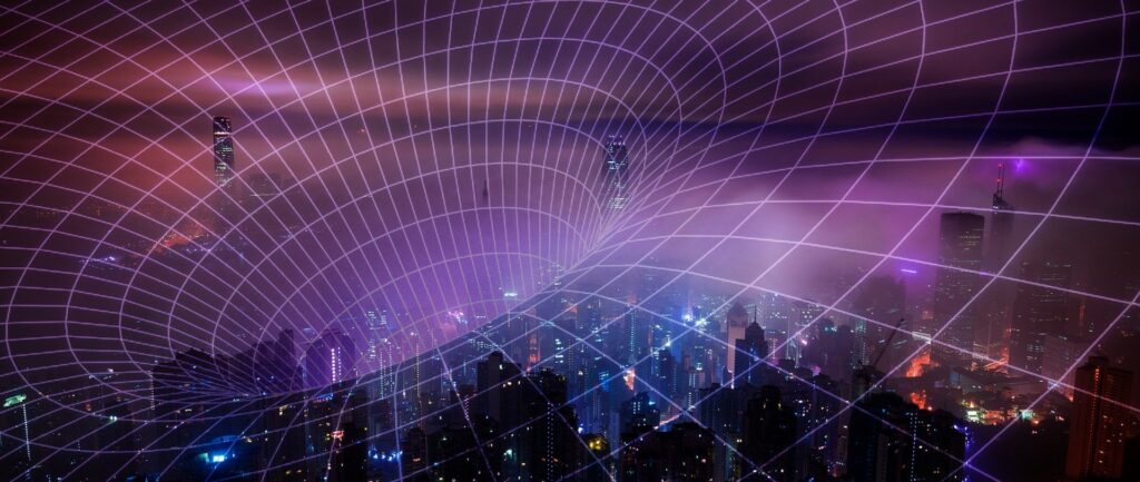 Fotografia em cores com filtro roxo. Panorama de arranha-céus em Hong Kong à noite, sobreposto por ilustração que representa uma rede.