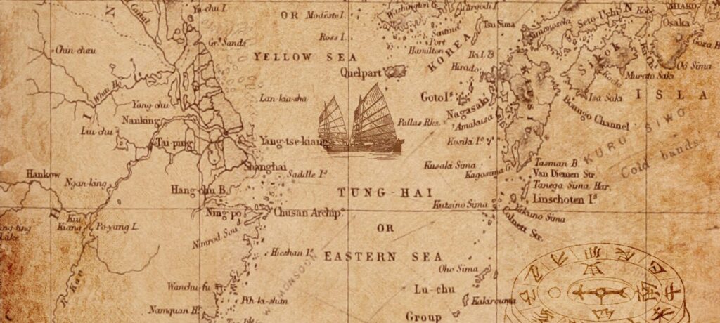 Ilustración de mapa antiguo de China en estilo de papel envejecido.