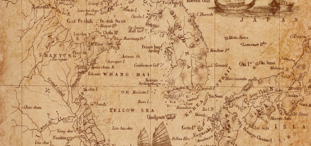 Ilustración de mapa antiguo de China en estilo de papel envejecido.