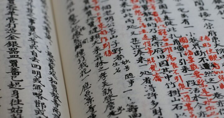 Fotografia colorida de livro escrito em chinês, com bonita caligrafia. Os caracteres são em tinta preta, com alguns em tinta vermelha ao lado.