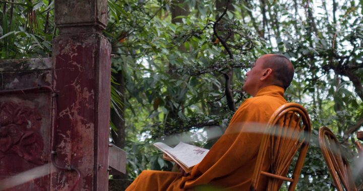 Fotografia em cores de monge budista sentado em uma cadeira, livro à mão, contemplando a natureza. Em Leschan, China.