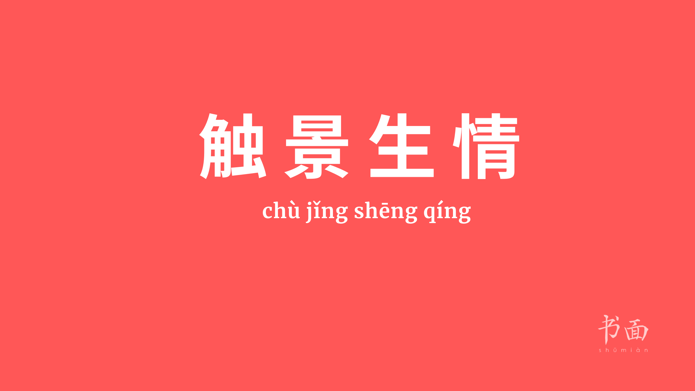 Imagen de fondo rojo con texto en blanco. Caracteres chinos cuyo pinyin es 触景生情 chù jǐng shēng qíng.
