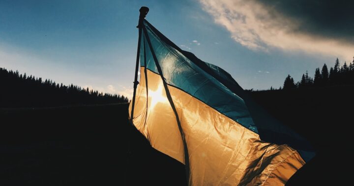 Fotografía en color de la bandera ucraniana contra la luz del sol en un ambiente sombrío al aire libre. Al fondo, árboles y nubes.