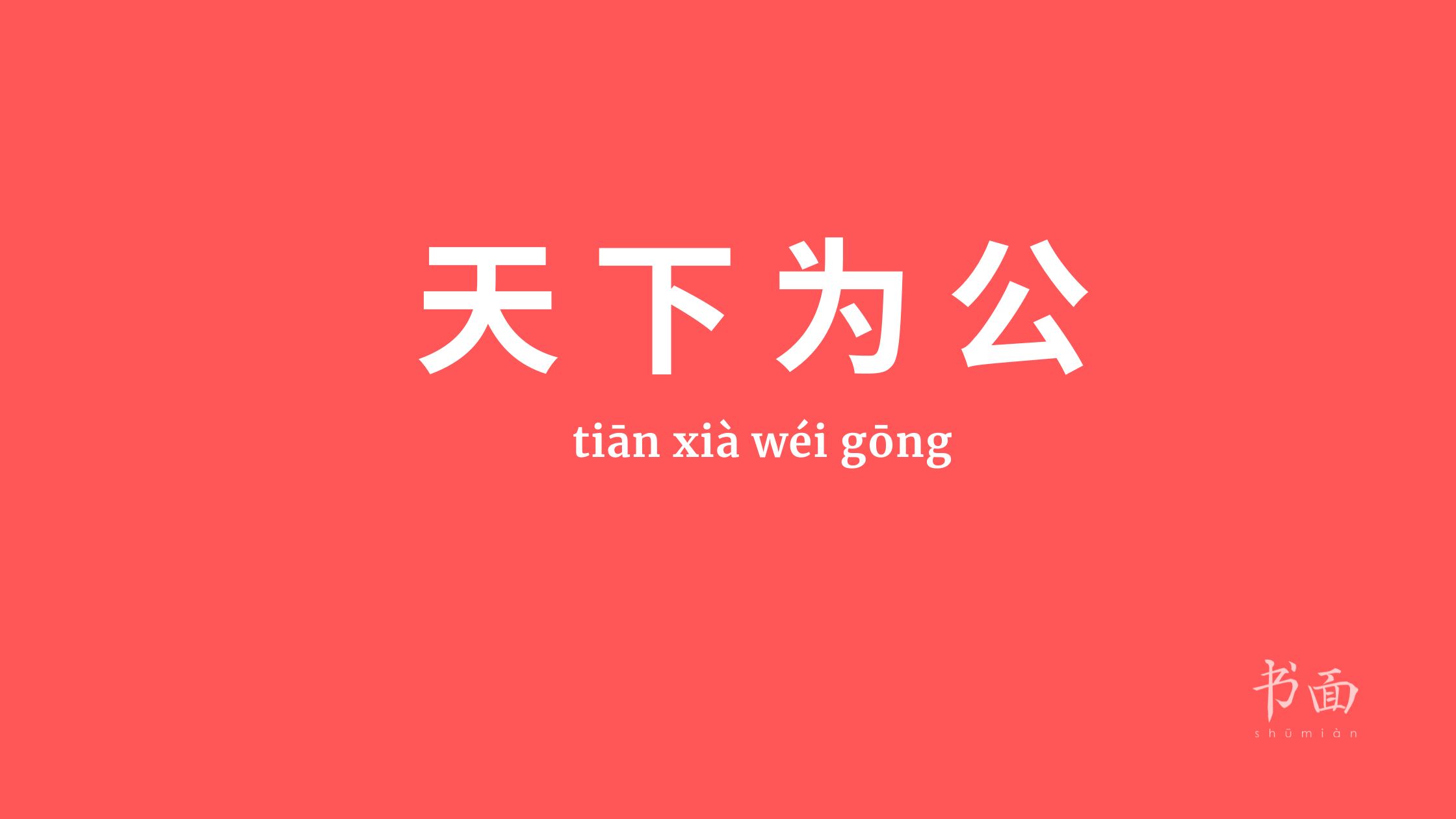 Imagen de fondo rojo con texto en blanco. Caracteres chinos cuyo pinyin es 天下为公  tiān xià wéi gōng.