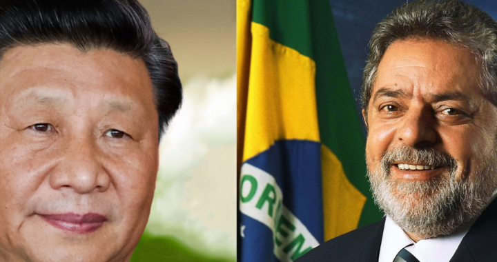 Uma montagem com duas fotografias em cores: à esquerda, o rosto de Xi Jinping; à direita, a foto oficial de Lula quando assumiu a presidência em 2002.