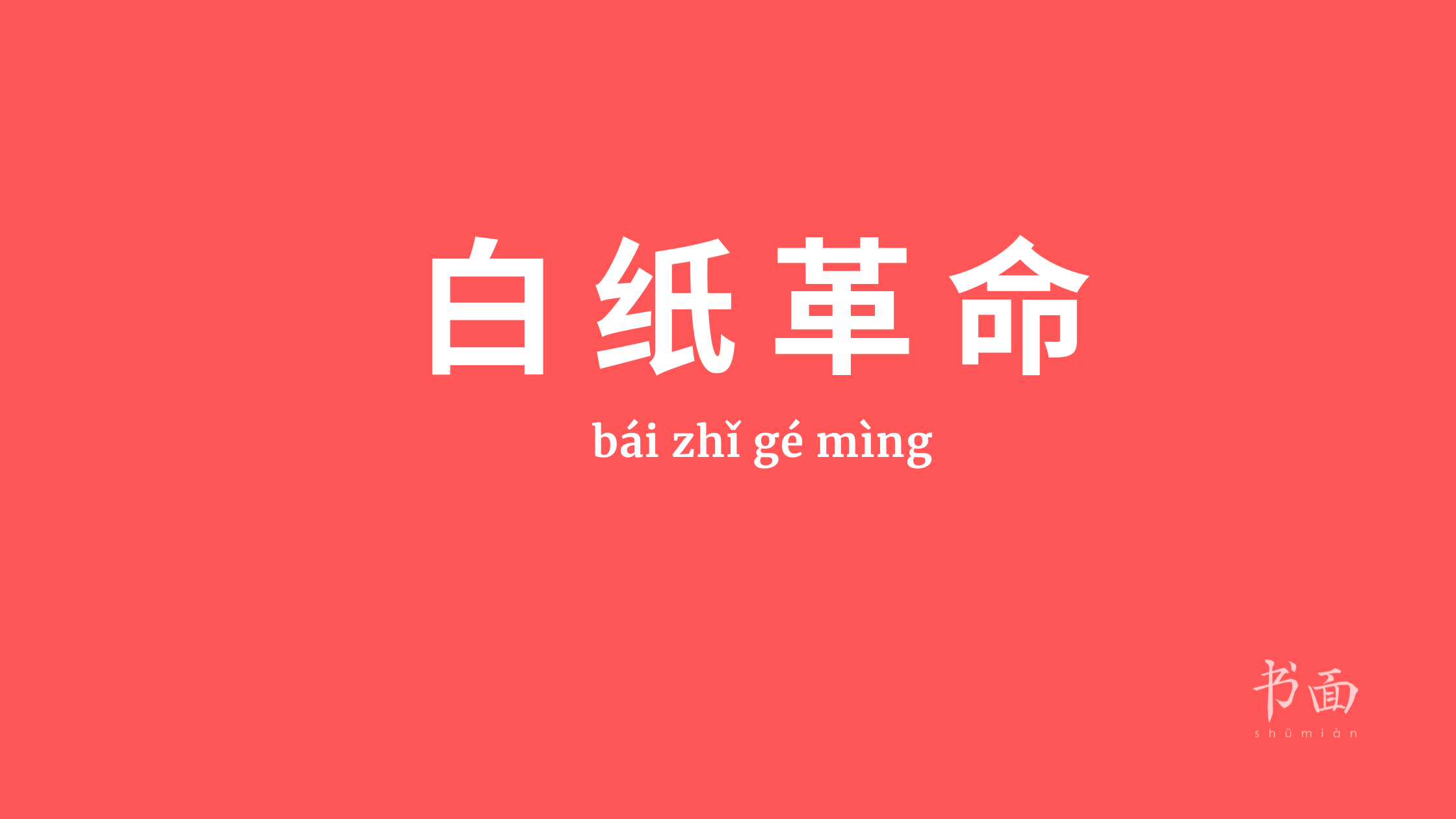  Imagem de fundo vermelho com texto em branco. Caracteres chineses cujo pinyin é bái zhǐ gé mìng.