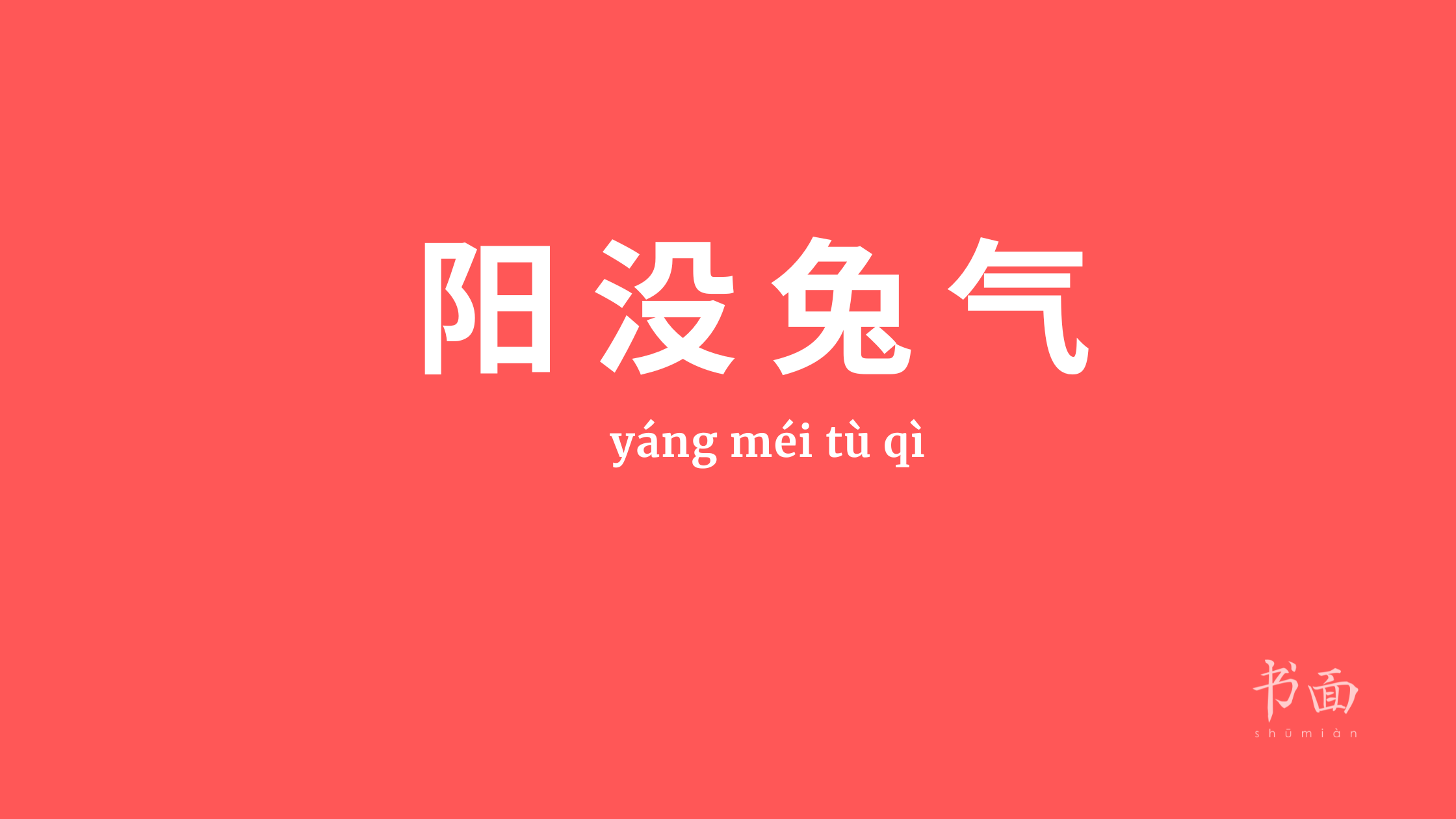 Imagem de fundo vermelho com texto em branco. Caracteres chineses cujo pinyin é 阳没兔气 (yáng méi tù qì).