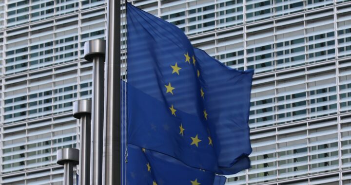 Fotografia em cores de uma sequência de bandeiras da União Europeia em frente a um prédio.