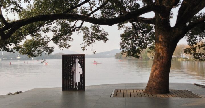 Fotografia em cores de parque à beira de um rio. Sob uma árvore, há uma instalação artística representando, em branco sobre material preto, um perfil feminino.