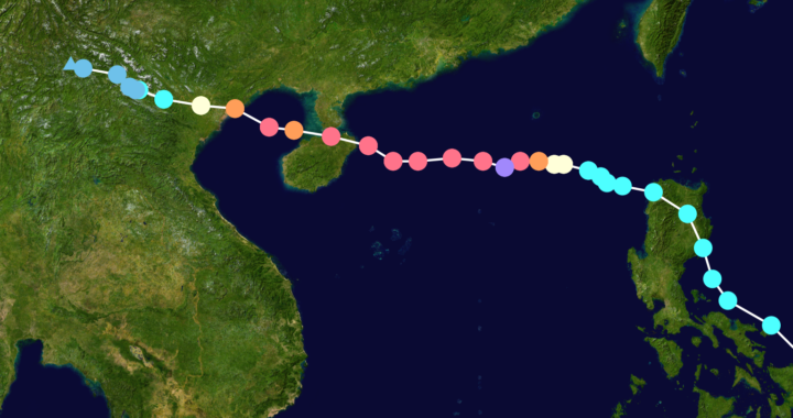 Mapa da trajetória do tufão Yagi da temporada de tufões no Pacífico de 2024, passando por China, Sudeste Asiático e Japão. Os pontos mostram a localização da tempestade em intervalos de 6 horas. A cor representa as velocidades máximas sustentadas do vento da tempestade, conforme classificado no (veja abaixo), e a forma dos pontos de dados representa a natureza da tempestade, de acordo com a legenda abaixo. Depressão tropical (≤38 mph, ≤62 km/h) Tempestade tropical (39–73 mph, 63–118 km/h) Categoria 1 (74–95 mph, 119–153 km/h) Categoria 2 (96–110 mph, 154–177 km/h) Categoria 3 (111–129 mph, 178–208 km/h) Categoria 4 (130–156 mph, 209–251 km/h) Categoria 5 (≥157 mph, ≥252 km/h)