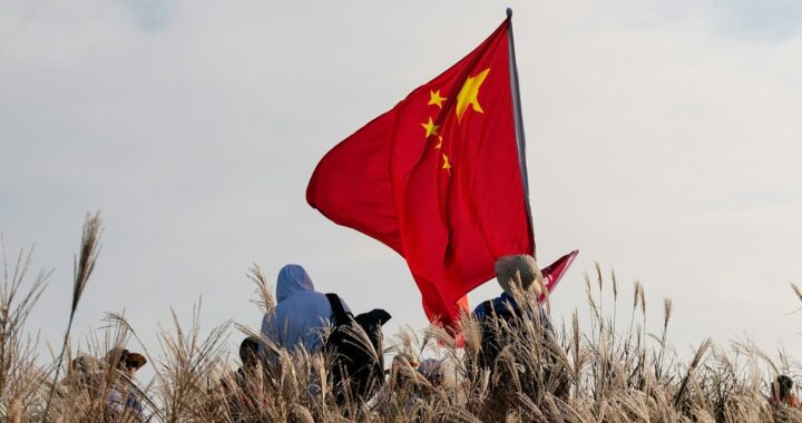 Fotografia em cores de pessoas, encobertas por grama alta, segurando uma grande bandeira da China.